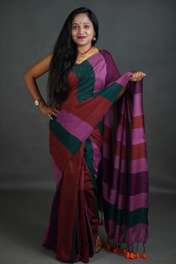 Teal Green Purple Maroon Khadi Cotton Saree
