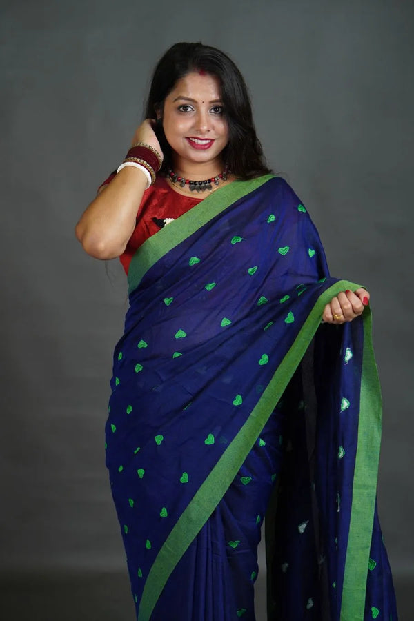 Women's Royal Blue Khadi Cotton Saree with Green Border