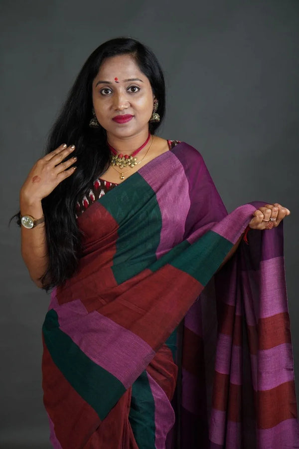 Teal Green Purple Maroon Khadi Cotton Saree