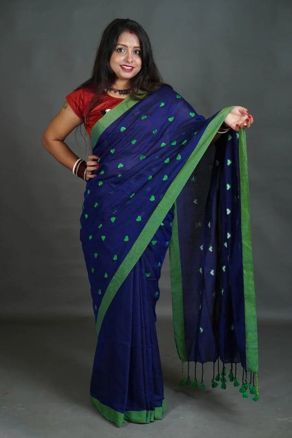 Women's Royal Blue Khadi Cotton Saree with Green Border