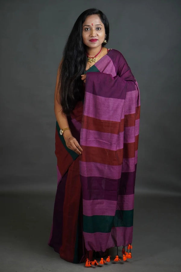 Teal Green Purple Maroon Khadi Cotton Saree