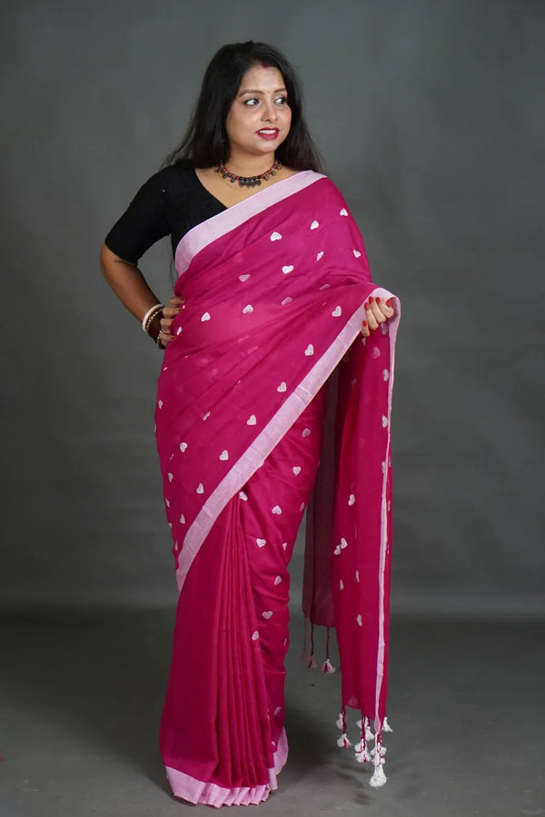 Women's Magenta Pink Khadi Cotton Saree with Heart Motifs