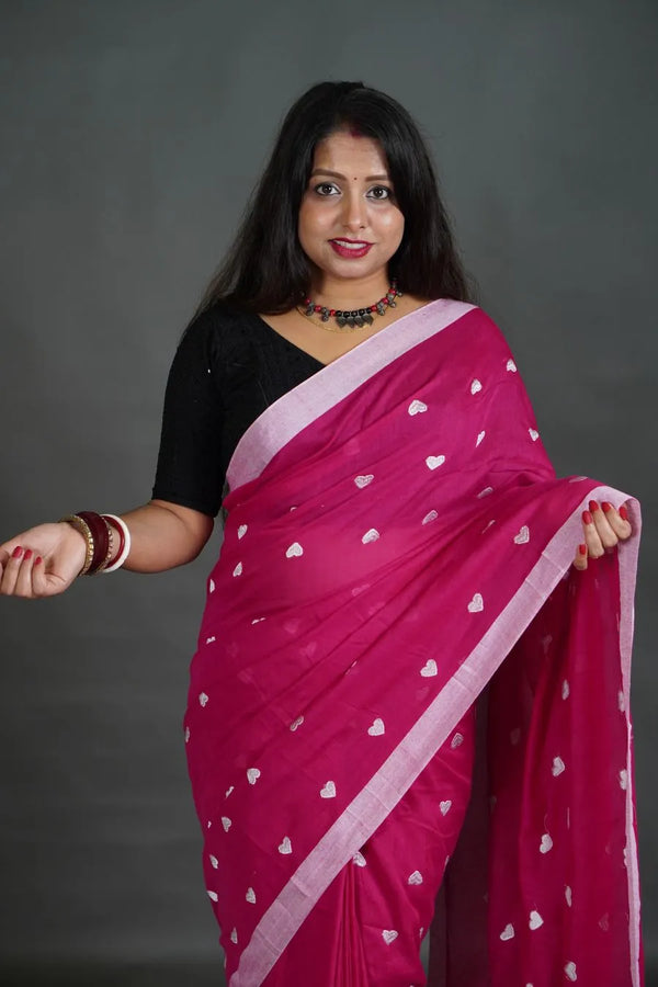 Women's Magenta Pink Khadi Cotton Saree with Heart Motifs