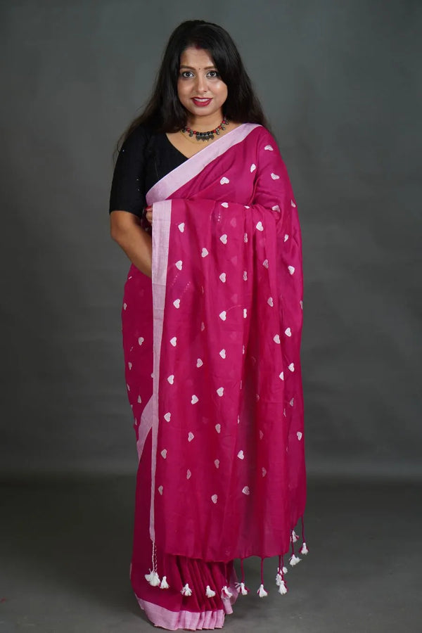 Women's Magenta Pink Khadi Cotton Saree with Heart Motifs