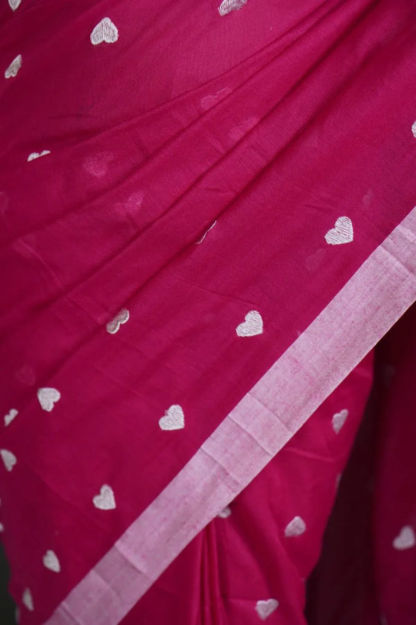 Women's Magenta Pink Khadi Cotton Saree with Heart Motifs