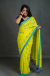 Women's Lime Yellow Khadi Cotton Saree with Blue Border