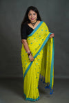 Women's Lime Yellow Khadi Cotton Saree with Blue Border