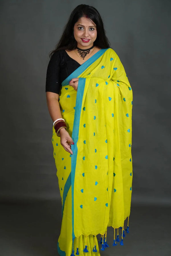 Women's Lime Yellow Khadi Cotton Saree with Blue Border