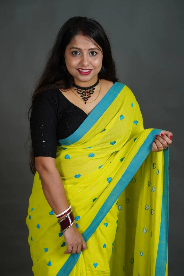 Women's Lime Yellow Khadi Cotton Saree with Blue Border