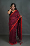 Women's Wine Khadi Cotton Saree with Red Border