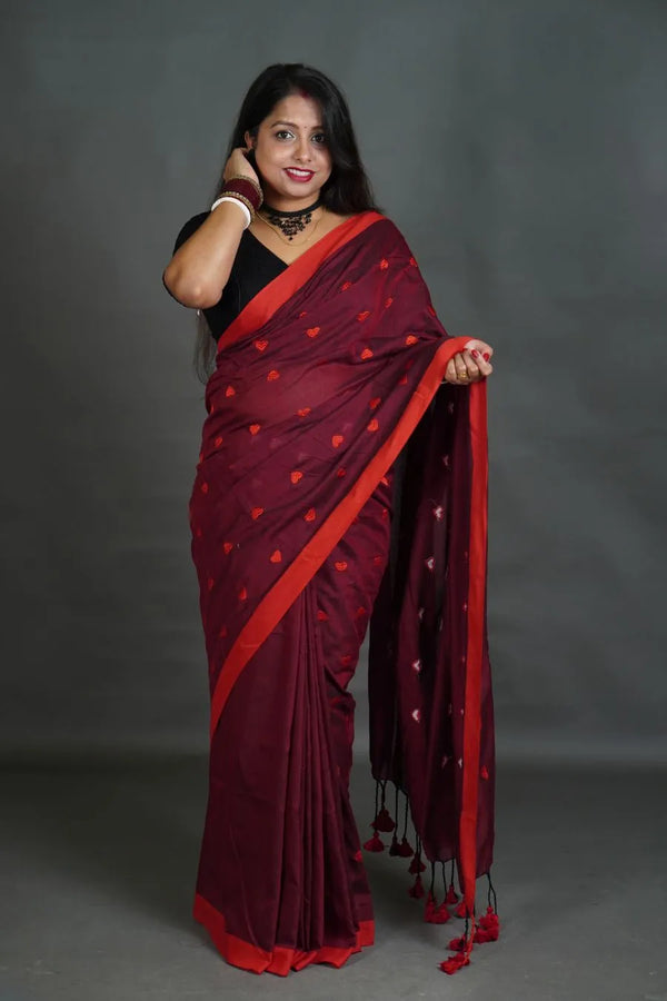 Women's Wine Khadi Cotton Saree with Red Border