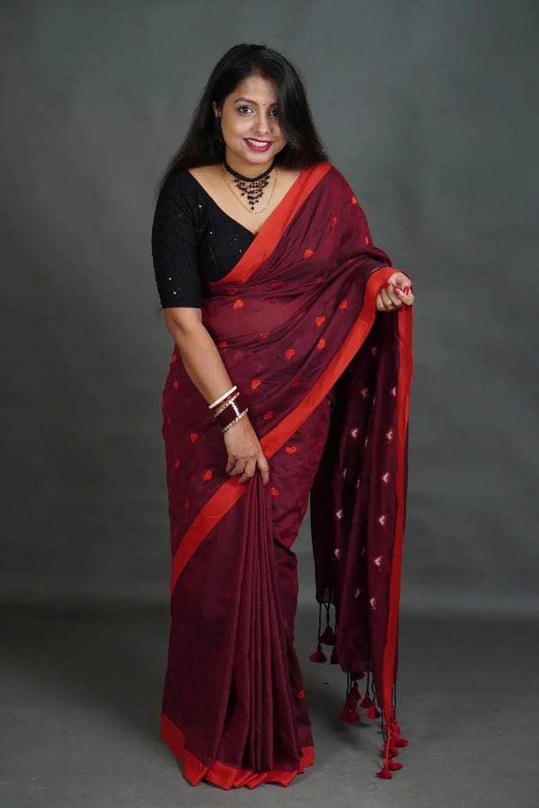 Women's Wine Khadi Cotton Saree with Red Border