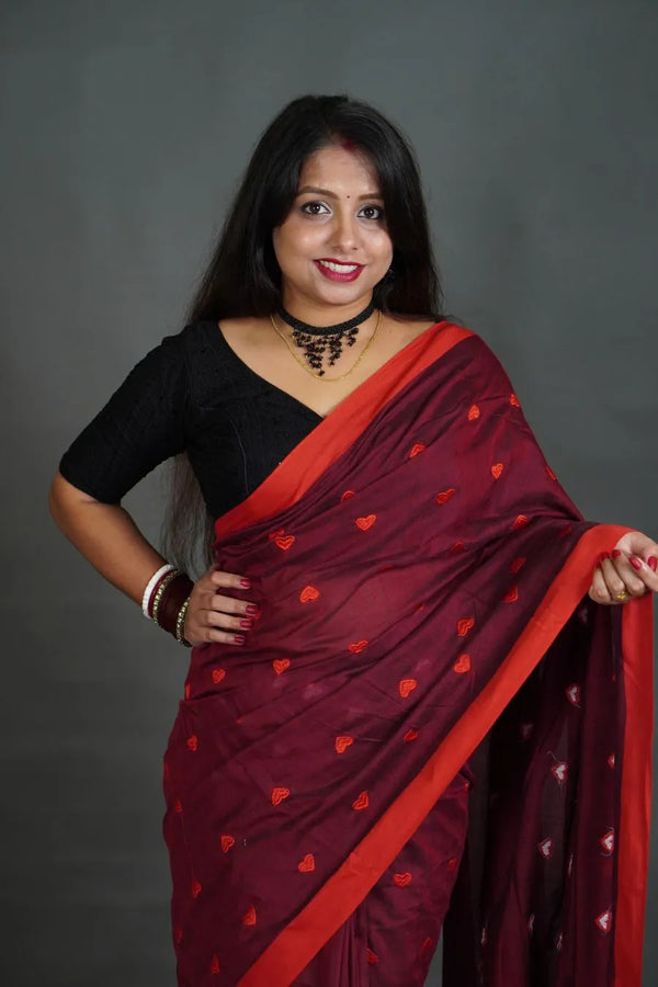 Women's Wine Khadi Cotton Saree with Red Border