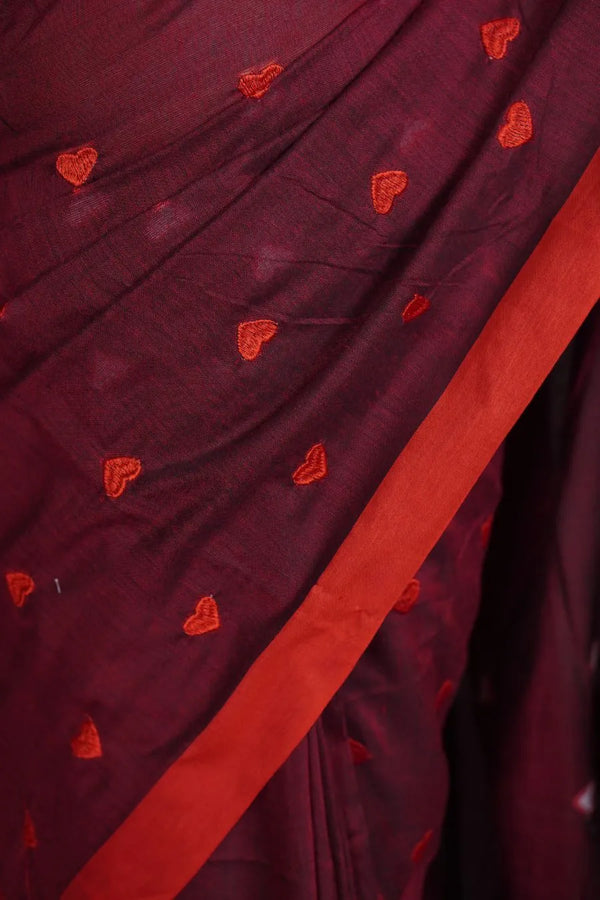 Women's Wine Khadi Cotton Saree with Red Border