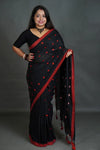 Women's Black Khadi Cotton Saree with Red Heart Motifs
