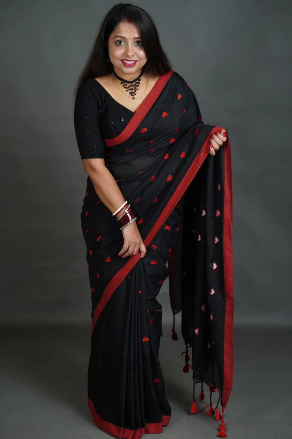 Women's Black Khadi Cotton Saree with Red Heart Motifs