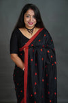 Women's Black Khadi Cotton Saree with Red Heart Motifs