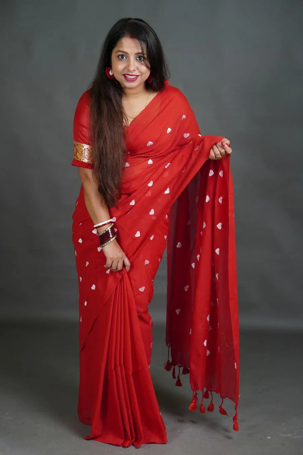 Women's Bright Red Khadi Cotton Saree with White Heart Motifs
