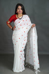 Women's White Khadi Cotton Saree with Red Heart Motifs