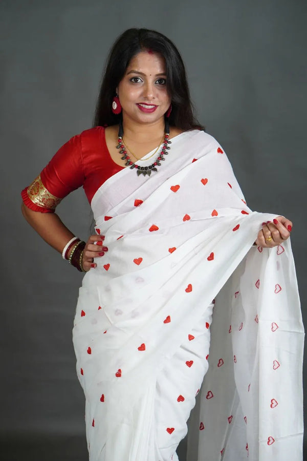 Women's White Khadi Cotton Saree with Red Heart Motifs