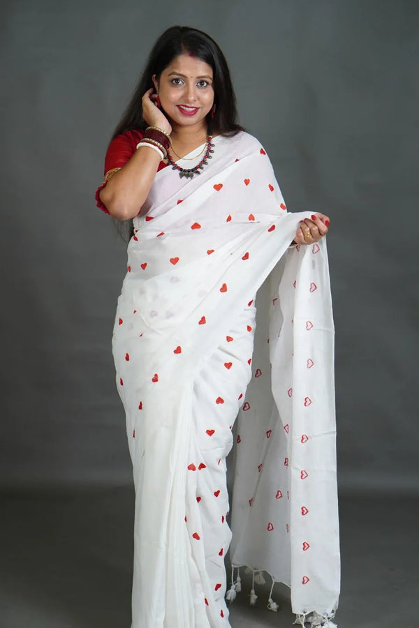 Women's White Khadi Cotton Saree with Red Heart Motifs