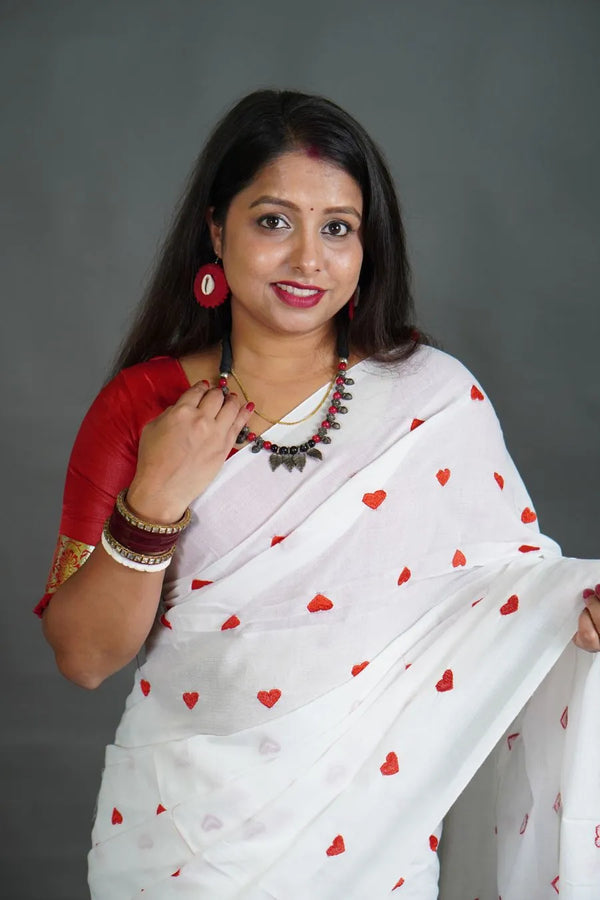 Women's White Khadi Cotton Saree with Red Heart Motifs