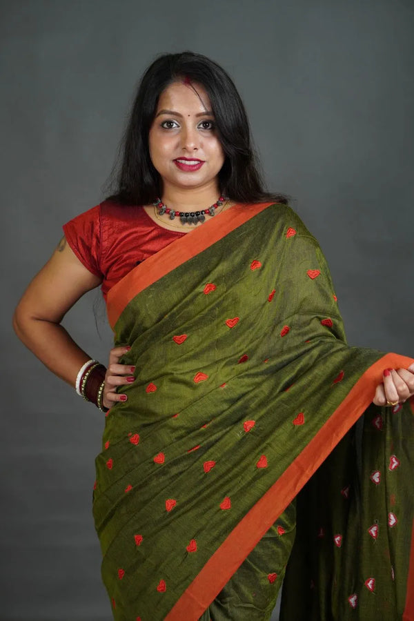 Women's Olive Green Khadi Cotton Saree with Orange Border