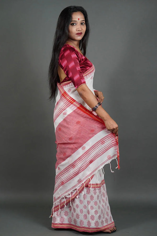 Flower-Print Red and White Saree