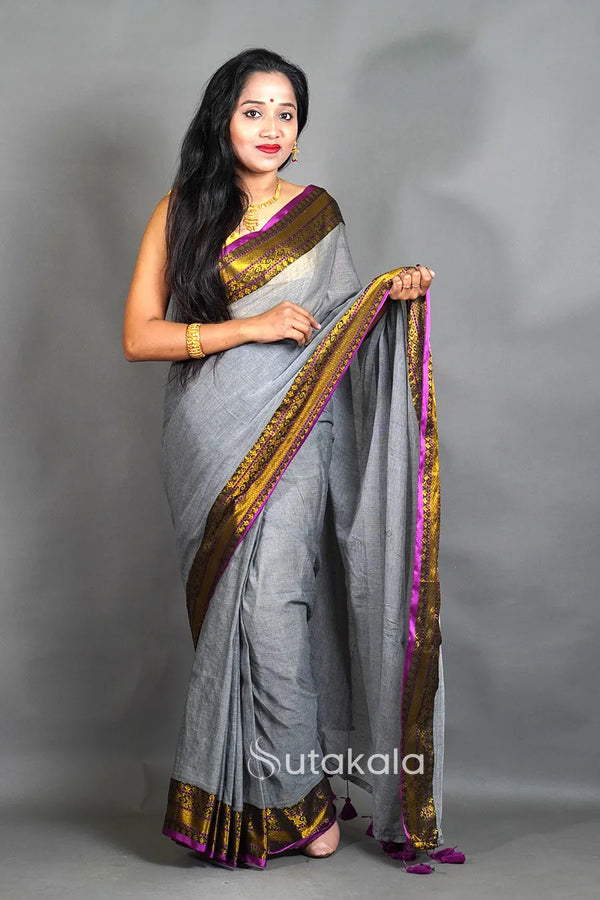 Black Mul Cotton Saree with Golden Border