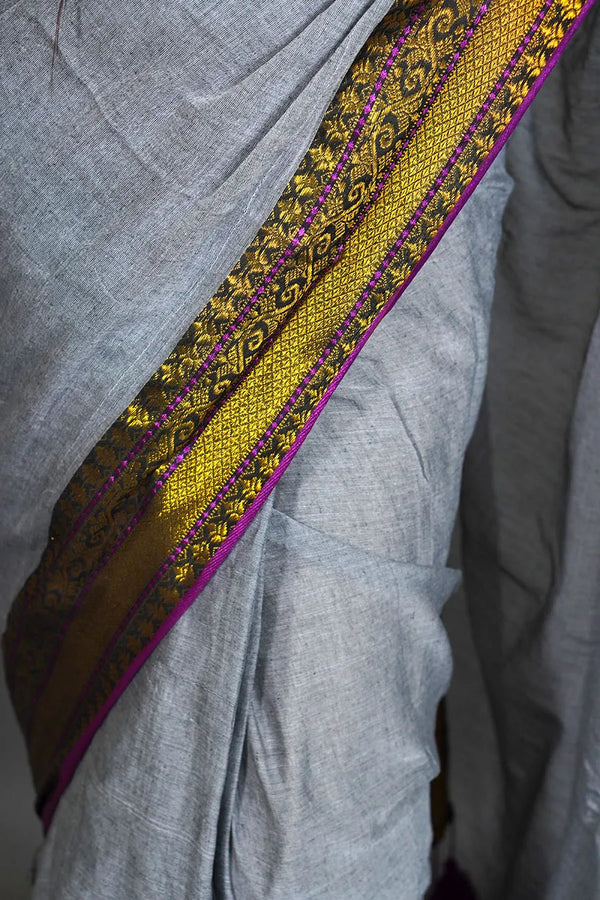 Black Mul Cotton Saree with Golden Border