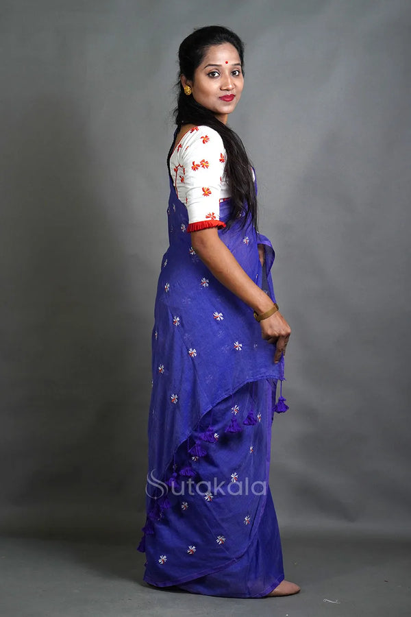 Blue Mul Cotton Saree with All-Over Floral Thread Work
