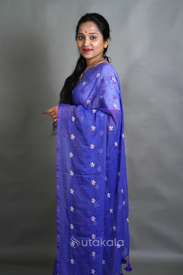 Blue Mul Cotton Saree with All-Over Floral Thread Work