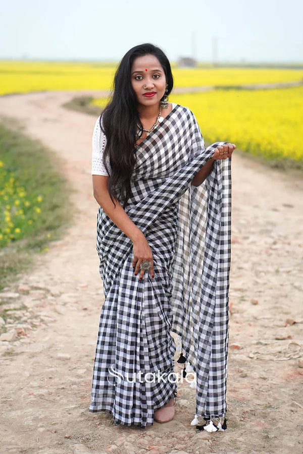 Black & White Checked Cotton Saree with Tassel Pallu
