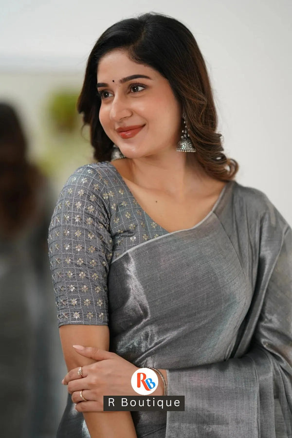 Silver Handloom Tissue Saree