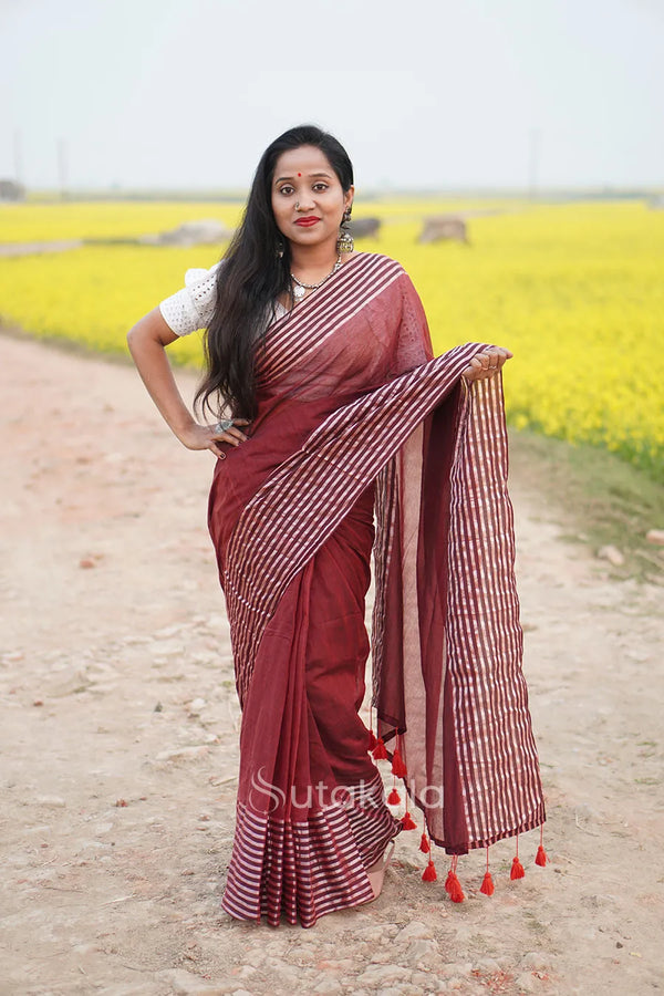 Maroon Malmal Cotton Saree with White Striped Border