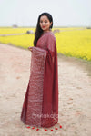 Maroon Malmal Cotton Saree with White Striped Border