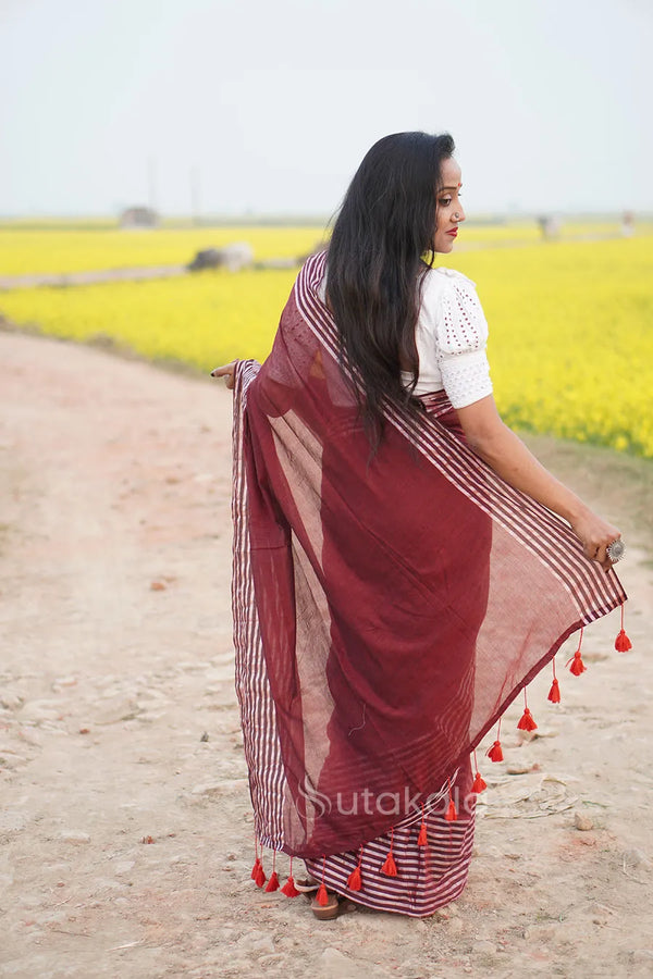 Maroon Malmal Cotton Saree with White Striped Border