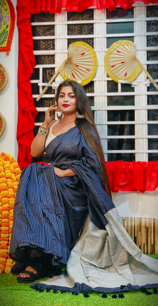 Navy Blue Handllom Soft Cotton Stripe Saree