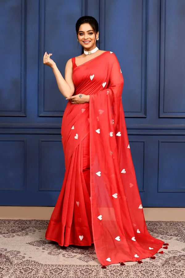 Red Love Embroidery Mul Cotton Saree