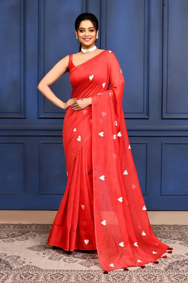 Red Love Embroidery Mul Cotton Saree