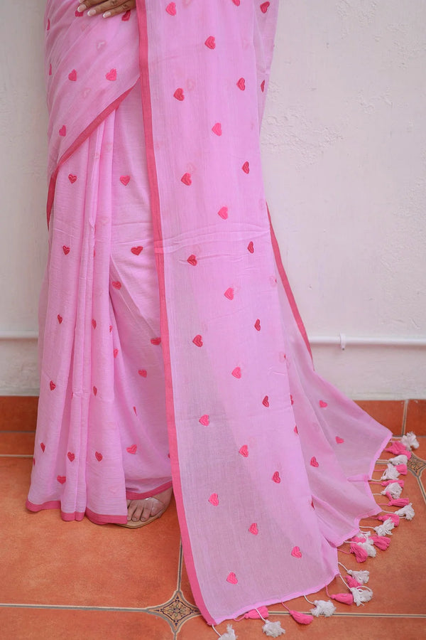 Pink Love Embroidery Mulmul Cotton Saree