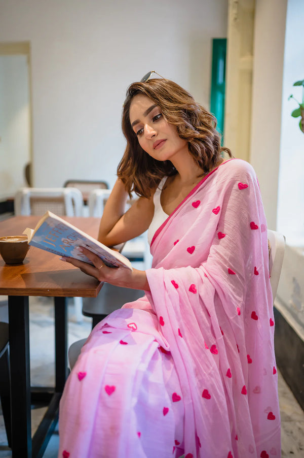 Pink Love Embroidery Mulmul Cotton Saree