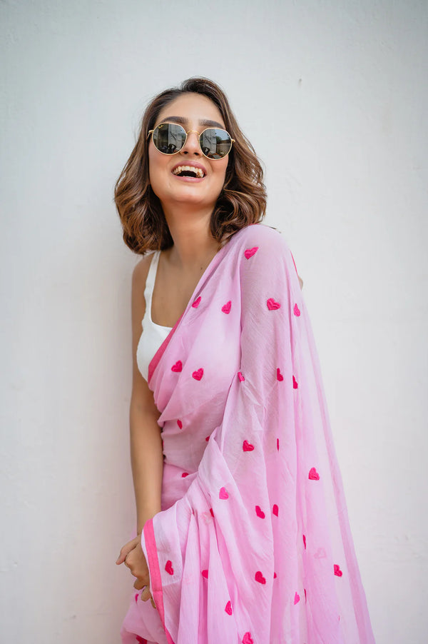 Pink Love Embroidery Mulmul Cotton Saree