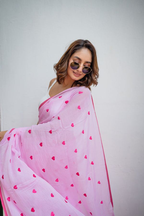 Pink Love Embroidery Mulmul Cotton Saree