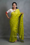 Green Mul Cotton Saree with All-Over Floral Thread Work