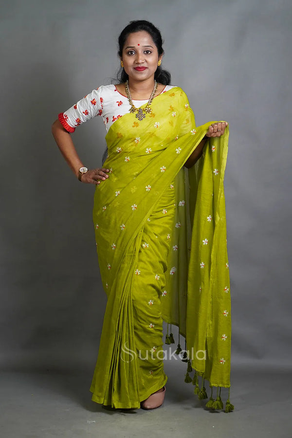 Green Mul Cotton Saree with All-Over Floral Thread Work