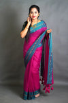 Magenta Pink Cotton Saree with Teal Border
