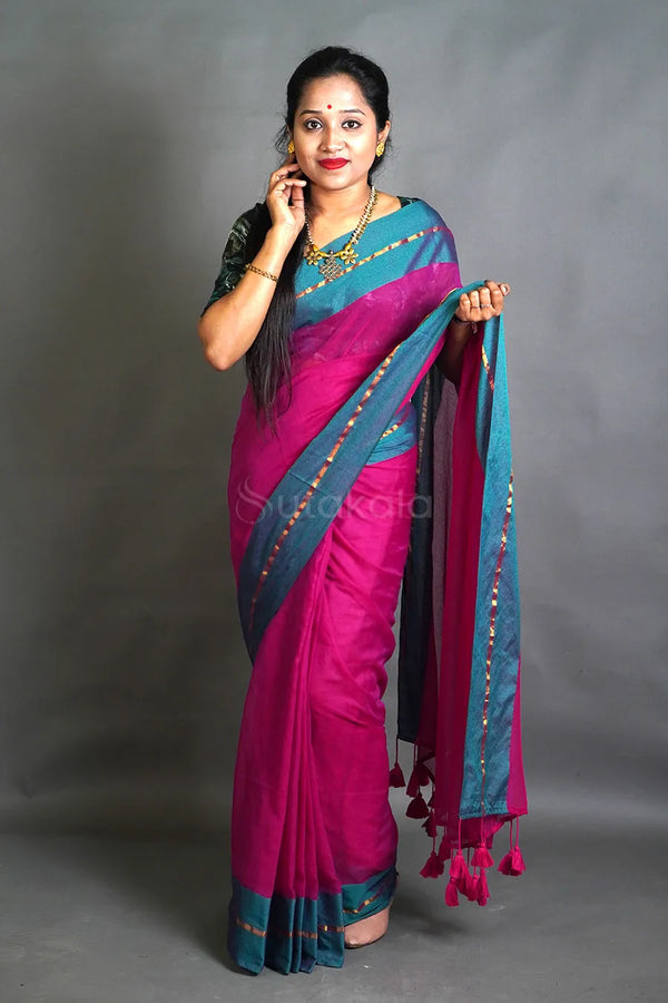 Magenta Pink Cotton Saree with Teal Border