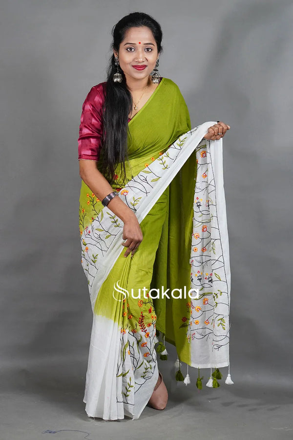 Green Cotton Saree with White Floral Thread Work