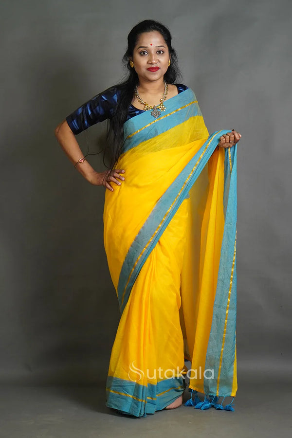 Yellow Cotton Saree with Blue Border